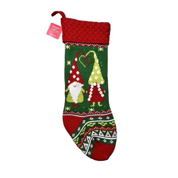 NWT World Market Knit Gnome Christmas Stocking Red & Green Hygge Pom Nose NEW E - Picture 1 of 7